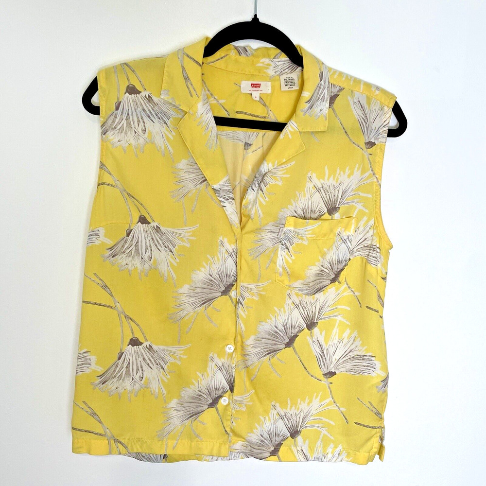 Levi’s Women’s Sleeveless Top Small Yellow Dandelion Print Collared Boho Western